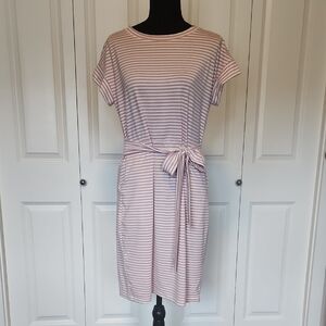 Striped Tie-Waist Midi Dress in Light Pink & White With Pockets!